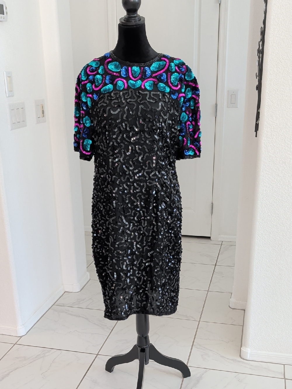 Vintage 80s Silk Sequin Beaded Dress Kazar or Stenay M L 8 10 Turquoise Black